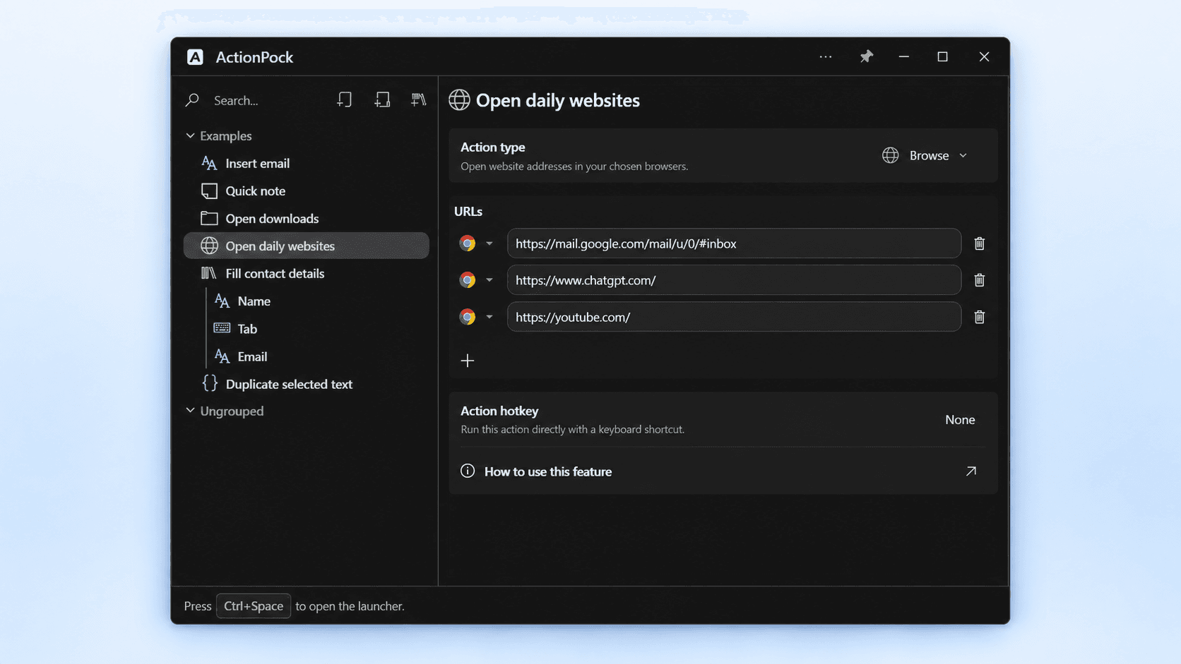 Browse action opening saved websites in a browser