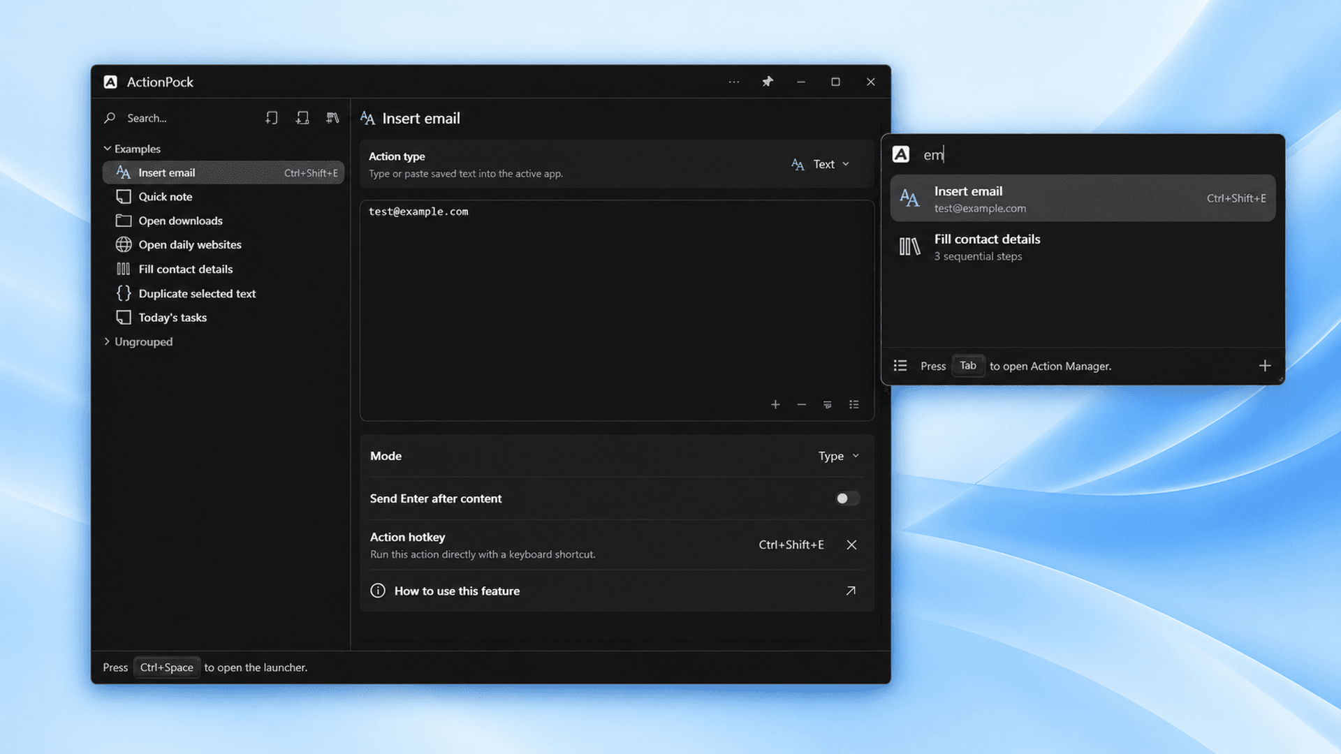 Launcher searching a saved action that has its own Ctrl+Shift+E hotkey
