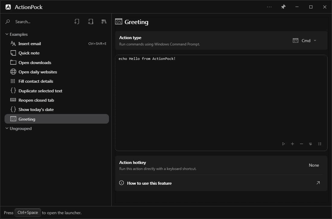 A CMD action with saved Command Prompt commands