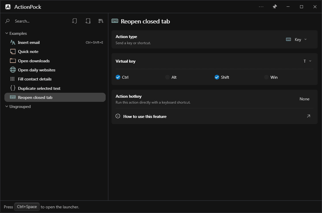 A Key action with a virtual key and modifiers selected