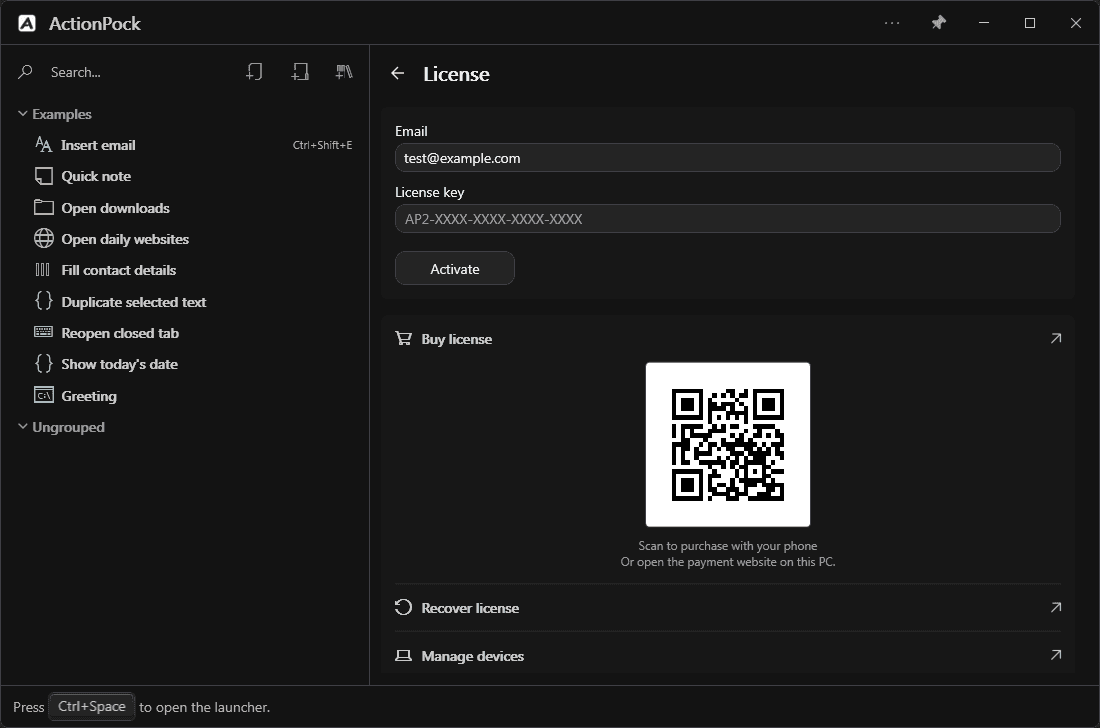 The License page inside ActionPock with email and key fields