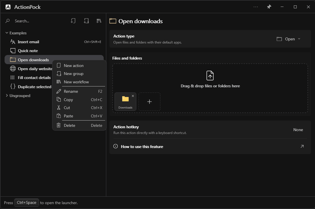 Action Manager showing groups and saved actions in a folder-style tree