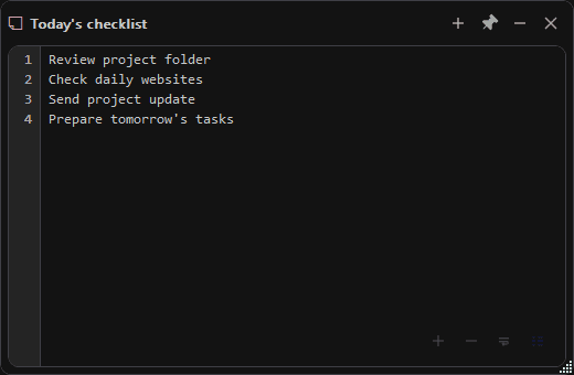 A floating Memo checklist window with its pin in the title bar