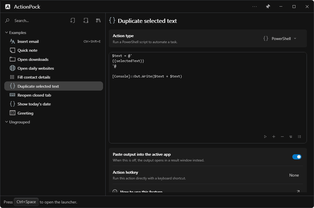 The Duplicate selected text PowerShell action, whose script uses the selectedText placeholder, with Paste output turned on