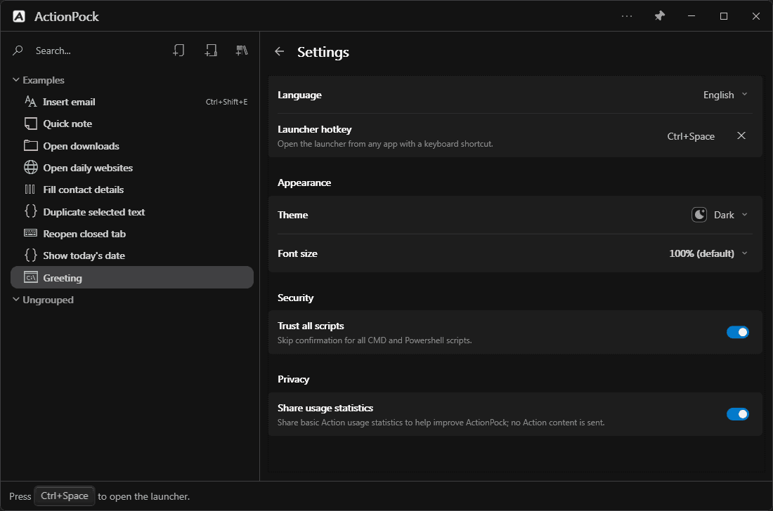 The Settings page with language, appearance, security, and privacy options