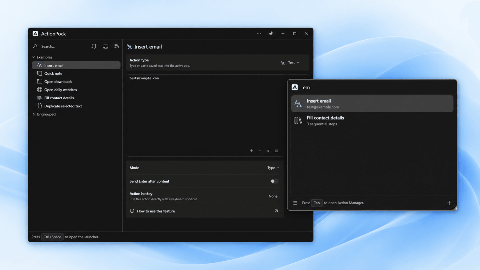 ActionPock Launcher searching saved actions on Windows